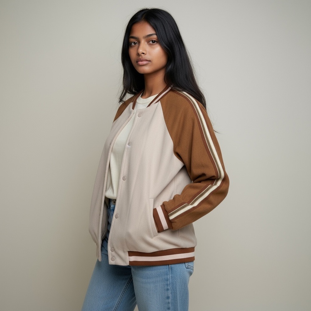 Hem & Thread Brown Pink Snap Front Varsity Bomber Jacket Metallic Sleeve Stripe